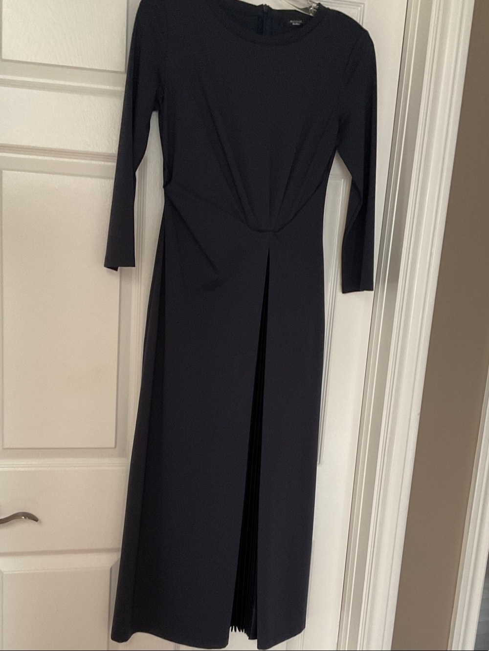 Weekend Max Mara French Navy Long Sleeve Pleated Front Maxi Dress